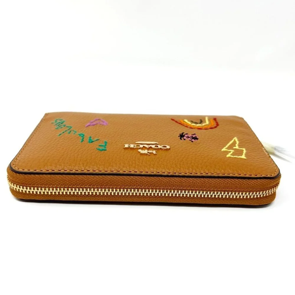 NWT Coach Medium ID Zip Wallet With Diary Embroidery Penny Multi Grained Leather